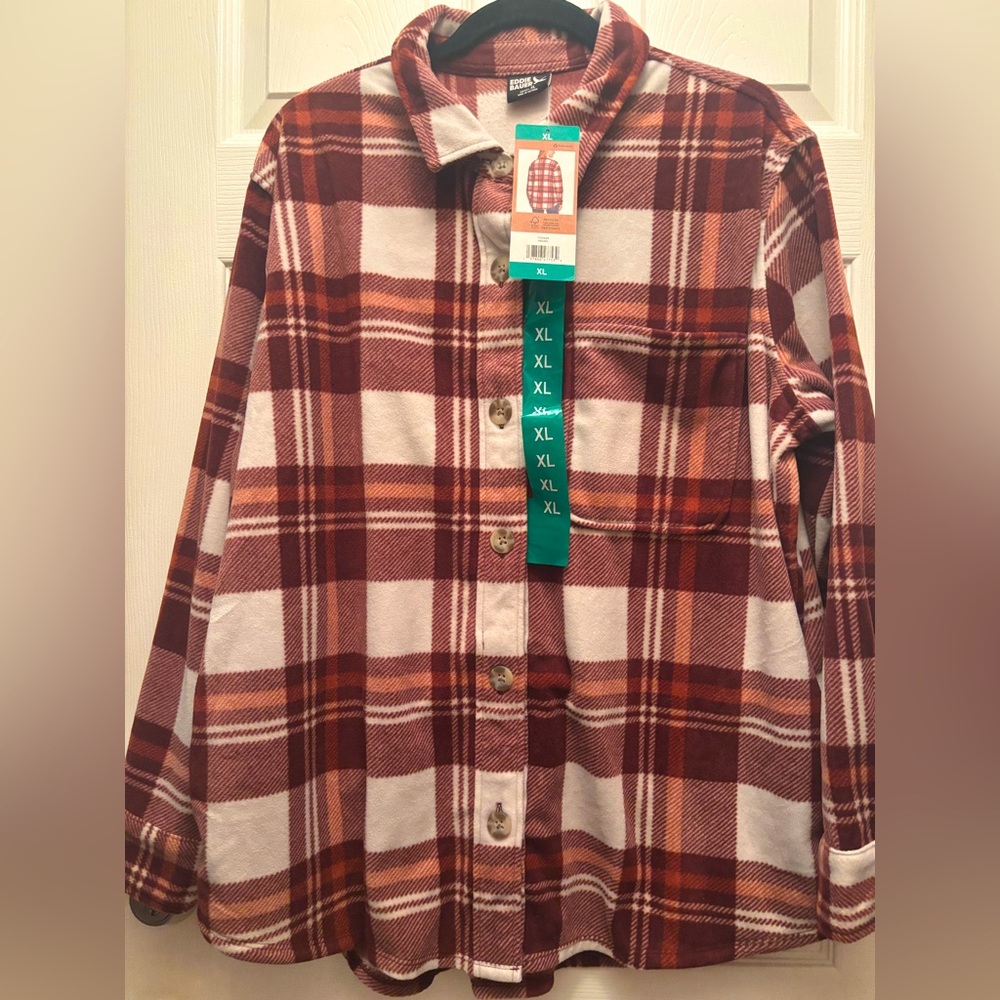 Eddie Bauer Microfleece Shirt in Earth Tone Brown & Tan Plaid